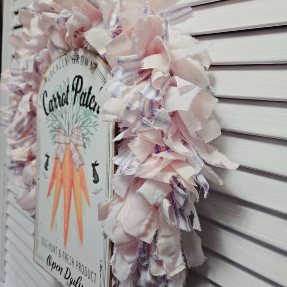 Hand Crafted Easter Fabric Rag Wreath, Pink & Purple, Carrot Patch Sign, 18" - Picture 11 of 11